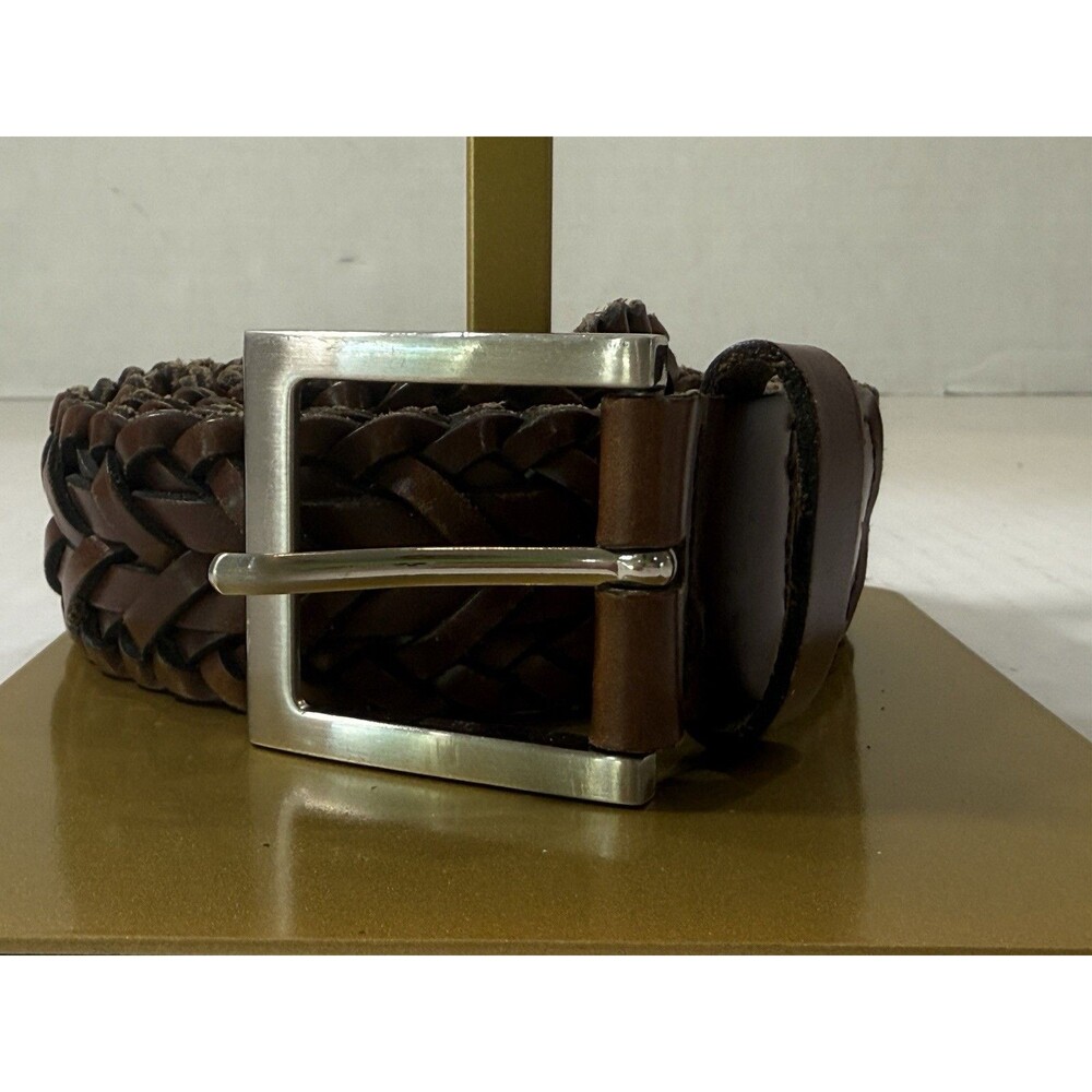 Braided Woven Leather Belt Nickel Tone‎ Brown Buckle Size L